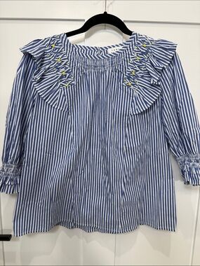Tanya Taylor Blue & White Striped Ruffle Collar Blouse